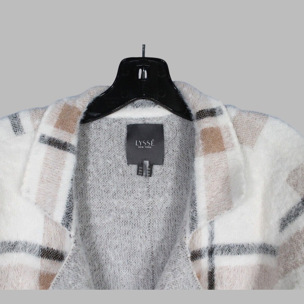 LYSSE White PLAID PRINT Button-Up FAUX MINK SWEATER 2-Pockets JACKET/COAT Sz S/M - Picture 3 of 7